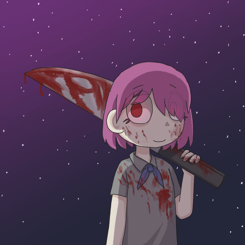 lucille holding an oversized bloody kitchen knife with the night sky behind her. her face and clothes have blood splattered on them as well. pink moonlight illuminates her as she smiles sweetly.