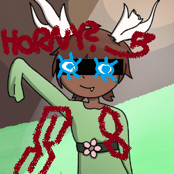 ashe, with bright blue eyes doodled over the black censor bar covering her real eyes. 'HORNY?' is written over her, pointing to her antlers. there is a 'cool S' as well as a failed attempt at one.