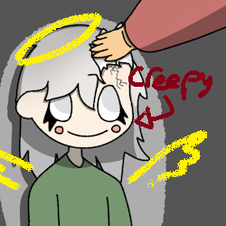 a picture of azrael sitting while a hand holds up his hair, showing off his forehead scar. a yellow halo and wings are doodled onto him, with an arrow labelling him as creepy.