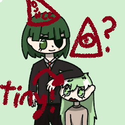mint, with a dunce cap doodled on his head, and an illuminati symbol (a triangle with one eye) with a question mark next to his head. an arrow points at willow in this picture, calling her tiny.