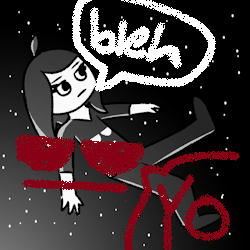 nyani, with a speech bubble doodled over her making her say 'bleh'. the face from her shirt has been drawn as well, with its own speech bubble, saying 'yo'.