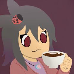 a tan skinned girl with shoulder-length gray hair and velvet red eyes. she has a hairpin that resembles a ladybug, and is wearing a necklace that looks like the moon. her eyelashes are pointed up sharply. she is smiling, looking down at the cup of hot cocoa in her hand.