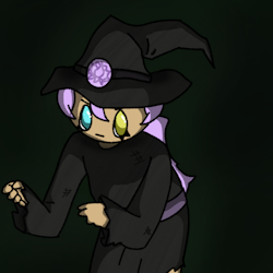 a witch wearing a black pointy hat and ragged robe with a purple belt. the hat has a lilac colored badge with a symbol of a lotus. they have messy purple hair in a long ponytail. their face looks serious, and their right eye is cyan while their left eye is golden yellow. their arms are raised in a gesture as if they were caught in the middle of an action, like bending over to pick something up. their eyelashes are two triangles pointing downwards.