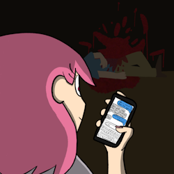 a girl with bright pink hair and red eyes. she is looking away from the camera, instead focusing on the smartphone in her hand. her eyelashes are long and thin, rising upward innocently in two strands on each eye. she's standing in a dark room, and in the background there is a body with blood splattered on the clothes, on the wall and pooling on the floor. on her phone is a text conversation between her and another person which reads: 'do u want 2 see me again?' 'You just told me you stabbed your boyfriend' 'awww r u scared' 'Yes'. she is smiling, about to reply with a 'Lol'.