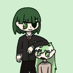 an older boy with dark green hair and rectangular bangs wearing a formal looking suit. on his face is an eyepatch covering his left eye, with a scar barely visible from underneath. he's smiling, looking down at Willow as he rests his arm on her head. Willow appears distressed. his eyelashes emerge from the bottom of his dark green eyes, two lines going down his cheeks like tears.