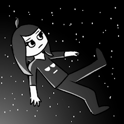 a girl with paper-white skin contrasted by her black hair and clothes. she's floating casually in space with many white stars visible behind her. her hair stops at her shoulders, and she has an ahoge sticking up at the top of her head. her black-colored eyes are slanted and her eyelashes point outwards, softly and naturally forming two points. she's wearing a t-shirt that resembles a neutral face wearing sunglasses, reflecting the girl's own expression.